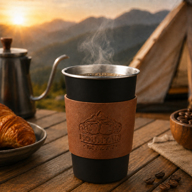 Black 304 Stainless Steel Camping Coffee Cup with Leather Sleeve 500ml Portable Outdoor Drinking Cup – product detail