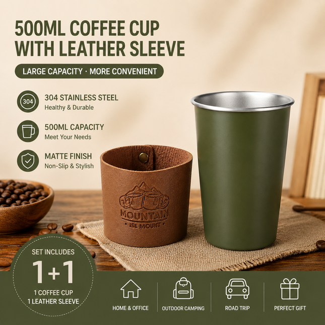 Green 304 Stainless Steel Camping Coffee Cup with Leather Sleeve 500ml Portable Outdoor Drinking Cup