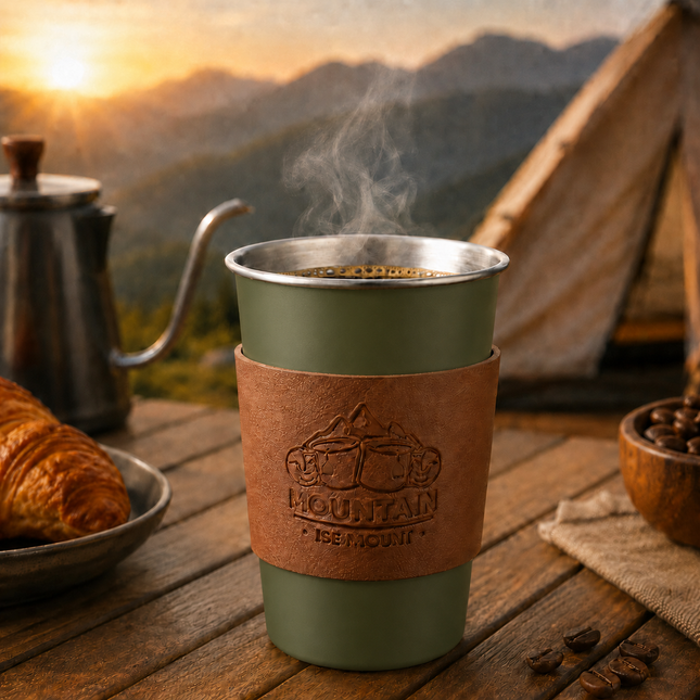 Green 304 Stainless Steel Camping Coffee Cup with Leather Sleeve 500ml Portable Outdoor Drinking Cup – product detail