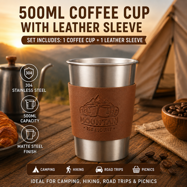 Silver 304 Stainless Steel Camping Coffee Cup with Leather Sleeve 500ml Portable Outdoor Drinking