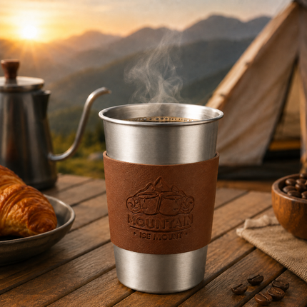 Silver 304 Stainless Steel Camping Coffee Cup  with Leather Sleeve – 500ml Portable Outdoor Drinking Cup, Beer Cup, Travel Mug for Camping, Hiking, Picnic and Daily Coffee