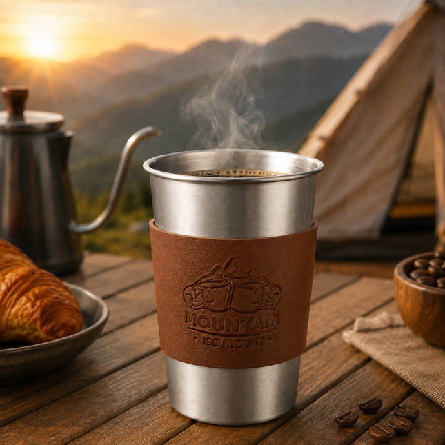 Silver 304 Stainless Steel Camping Coffee Cup with Leather Sleeve 500ml Portable Outdoor Drinking – product detail