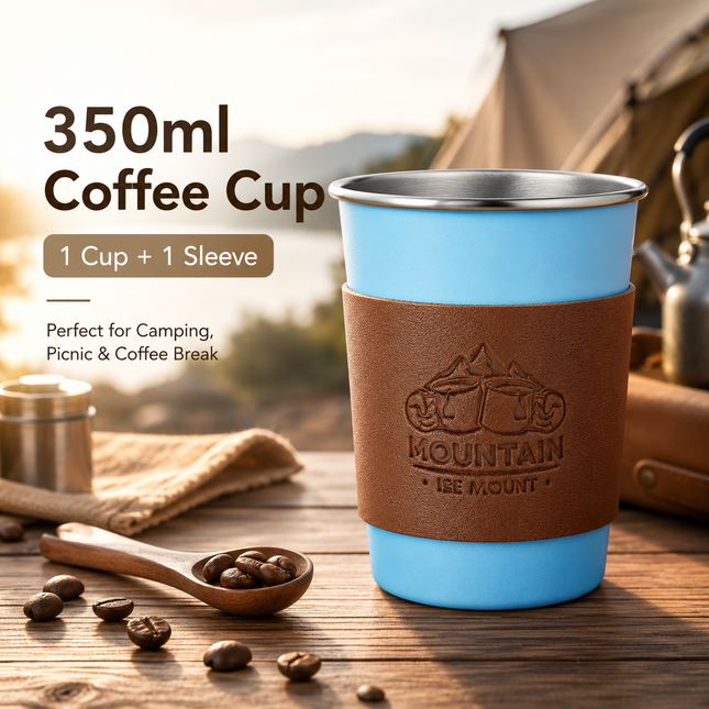 Blue 304 Stainless Steel Camping Coffee Cup with Leather Sleeve 350ml Portable Outdoor Drinking Cup
