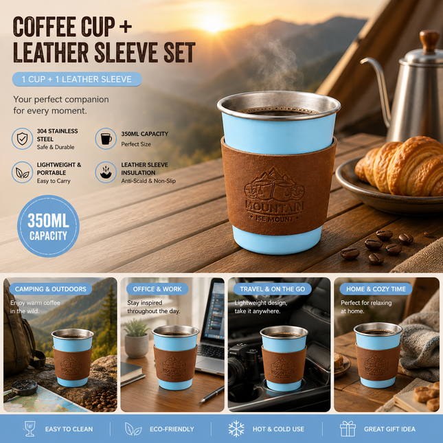 Blue 304 Stainless Steel Camping Coffee Cup with Leather Sleeve 350ml Portable Outdoor Drinking Cup – product detail