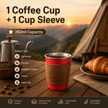 Red 304 Stainless Steel Camping Coffee Cup  with Leather Sleeve – 350ml Portable Outdoor Drinking Cup, Beer Cup, Travel Mug for Camping, Hiking, Picnic and Daily Coffee