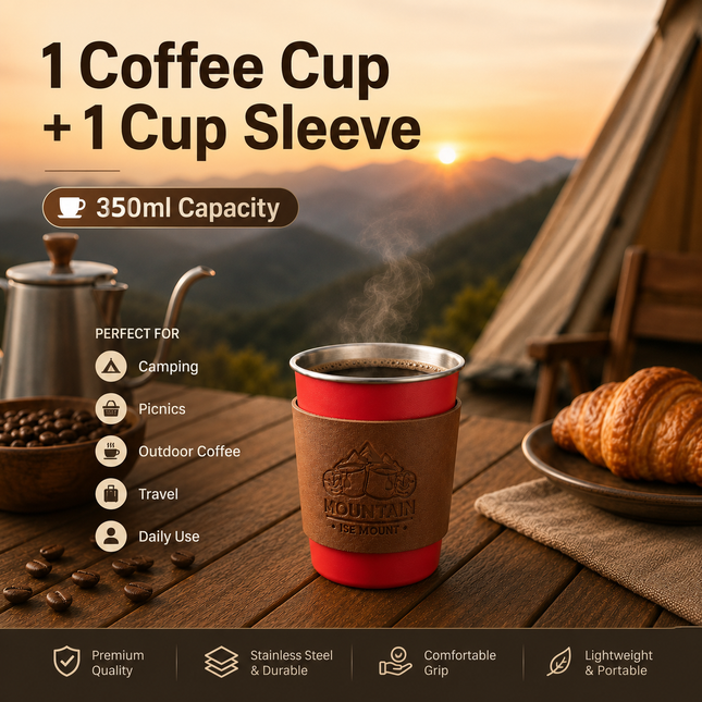 Red 304 Stainless Steel Camping Coffee Cup with Leather Sleeve 350ml Portable Outdoor Drinking Cup