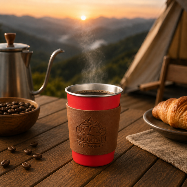 Red 304 Stainless Steel Camping Coffee Cup with Leather Sleeve 350ml Portable Outdoor Drinking Cup – product detail