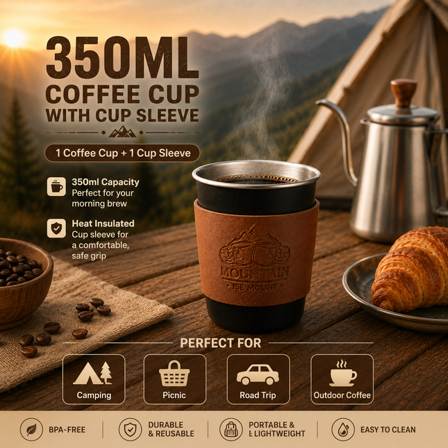 Black 304 Stainless Steel Camping Coffee Cup with Leather Sleeve 350ml Portable Outdoor Drinking Cup
