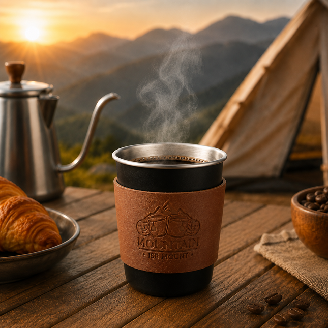Black 304 Stainless Steel Camping Coffee Cup with Leather Sleeve 350ml Portable Outdoor Drinking Cup – product detail
