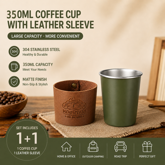 Green 304 Stainless Steel Camping Coffee Cup with Leather Sleeve 350ml Portable Outdoor Drinking Cup