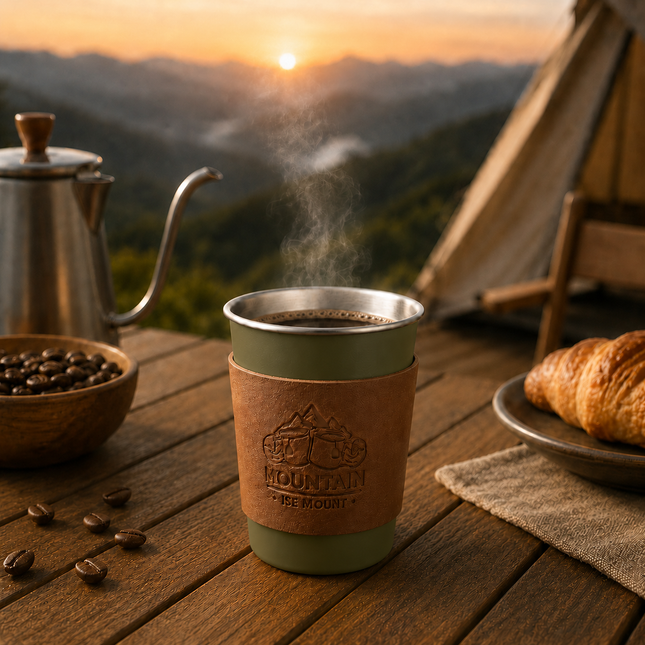 Green 304 Stainless Steel Camping Coffee Cup with Leather Sleeve 350ml Portable Outdoor Drinking Cup – product detail