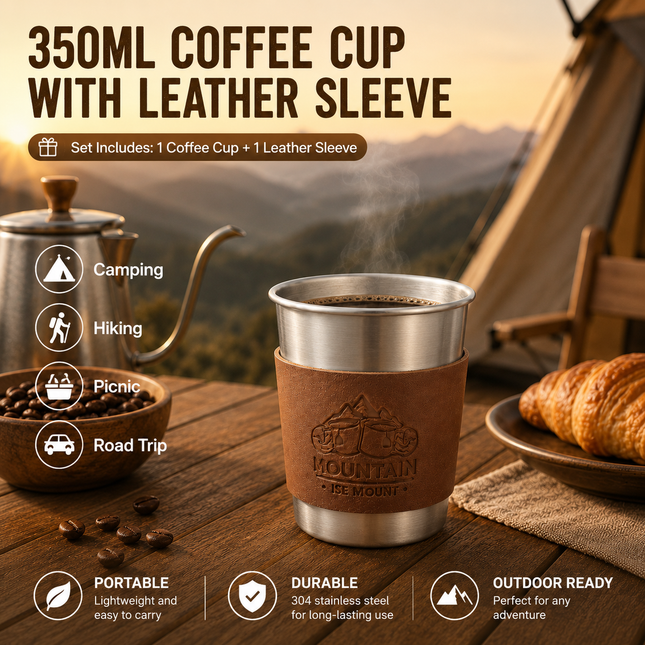 Silver 304 Stainless Steel Camping Coffee Cup with Leather Sleeve 350ml Portable Outdoor Drinking