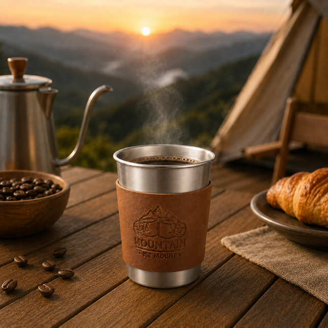 Silver 304 Stainless Steel Camping Coffee Cup with Leather Sleeve 350ml Portable Outdoor Drinking – product detail