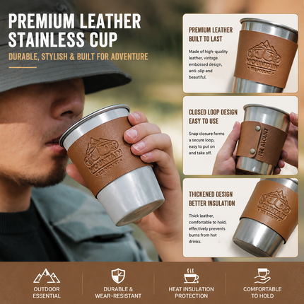 Silver 304 Stainless Steel Camping Coffee Cup  with Leather Sleeve – 350ml Portable Outdoor Drinking Cup, Beer Cup, Travel Mug for Camping, Hiking, Picnic and Daily Coffee