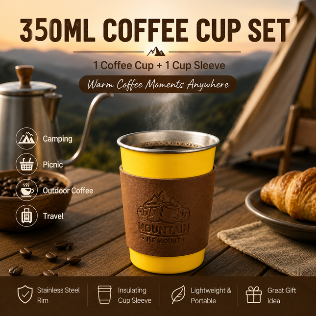 Yellow 304 Stainless Steel Camping Coffee Cup with Leather Sleeve 350ml Portable Outdoor Drinking