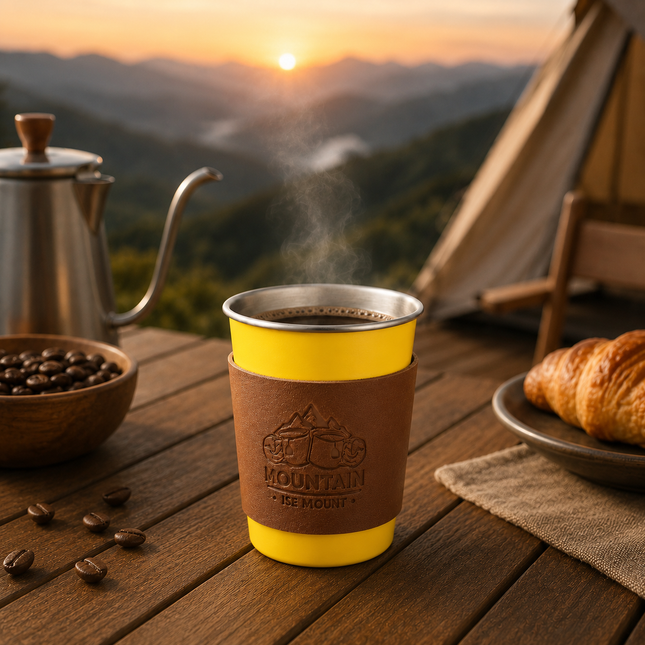 Yellow 304 Stainless Steel Camping Coffee Cup with Leather Sleeve 350ml Portable Outdoor Drinking – product detail
