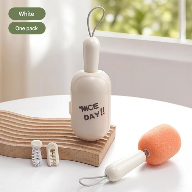 White Portable 3-in-1 Cup Cleaning Brush Set Extendable long-handled sponge head cup brush silicone
