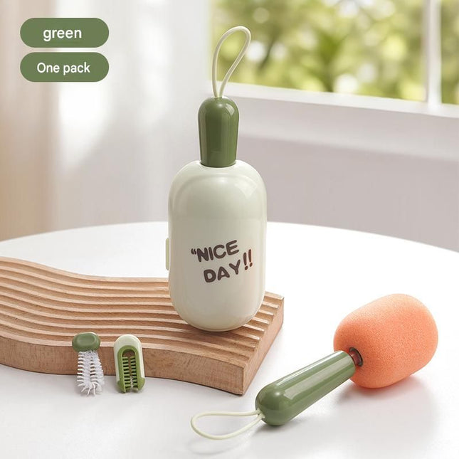 Green Portable 3-in-1 Cup Cleaning Brush Set Extendable long-handled sponge head cup brush silicone