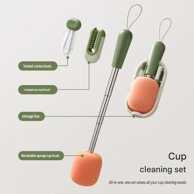 Green Portable 3-in-1 Cup Cleaning Brush Set Extendable long-handled sponge head cup brush silicone – product detail