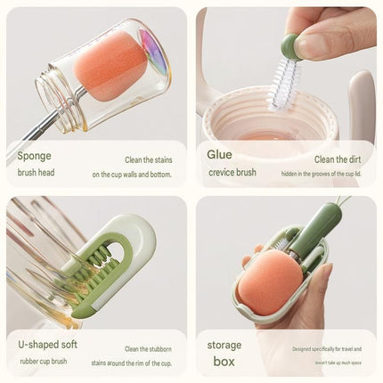 White Portable 3-in-1 Cup Cleaning Brush Set with 3 Replacement Sponge Heads – Retractable Long Handle Bottle Brush for Travel Mugs, Coffee Cups, Water Bottles, Tumblers,Camping, Office & Home Use