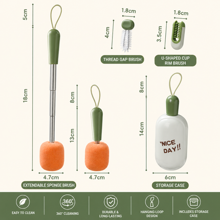 White Portable 3-in-1 Cup Cleaning Brush Set with 3 Replacement Sponge Heads – Retractable Long Handle Bottle Brush for Travel Mugs, Coffee Cups, Water Bottles, Tumblers,Camping, Office & Home Use