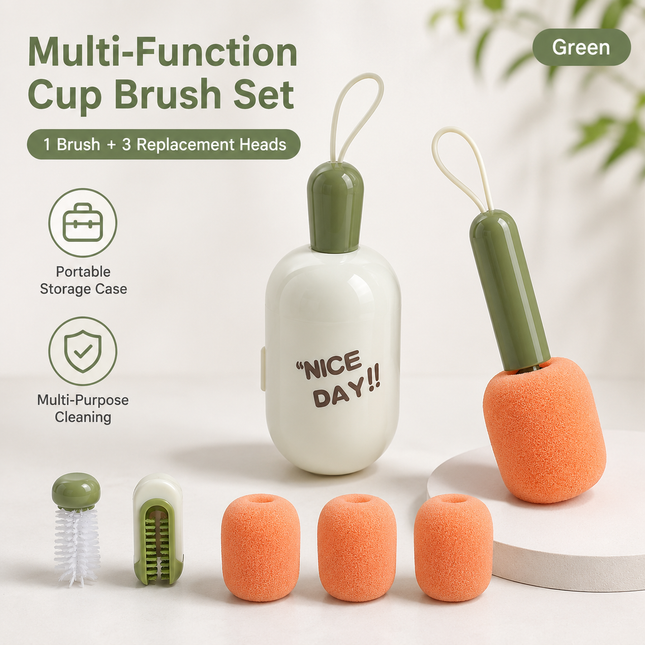 Green Portable 3-in-1 Cup Cleaning Brush Set with 3 Replacement Sponge Heads Retractable Long