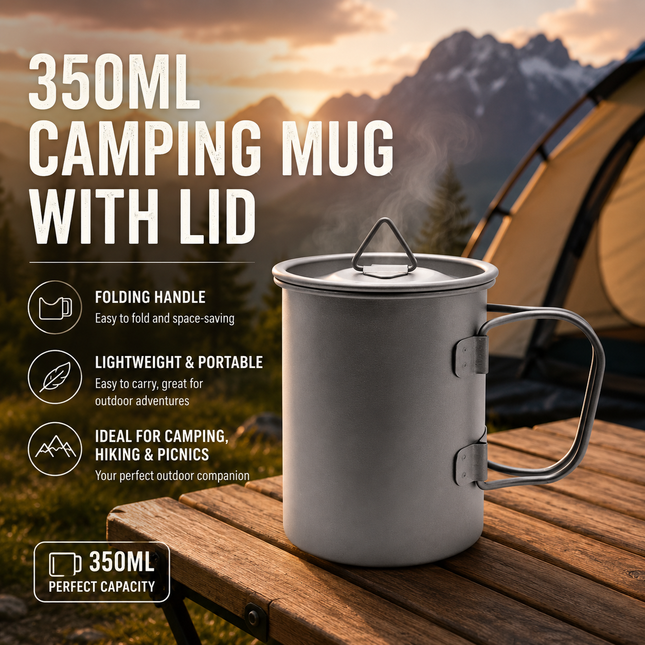 Camping Mug 350ml (11.83oz) with Lid Ultra Lightweight Titanium Coffee Cup Foldable Handle Outdoor