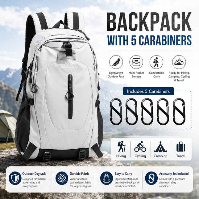 Gray Hiking Backpack with 5 Carabiners Included Lightweight Waterproof Outdoor Daypack for Men and