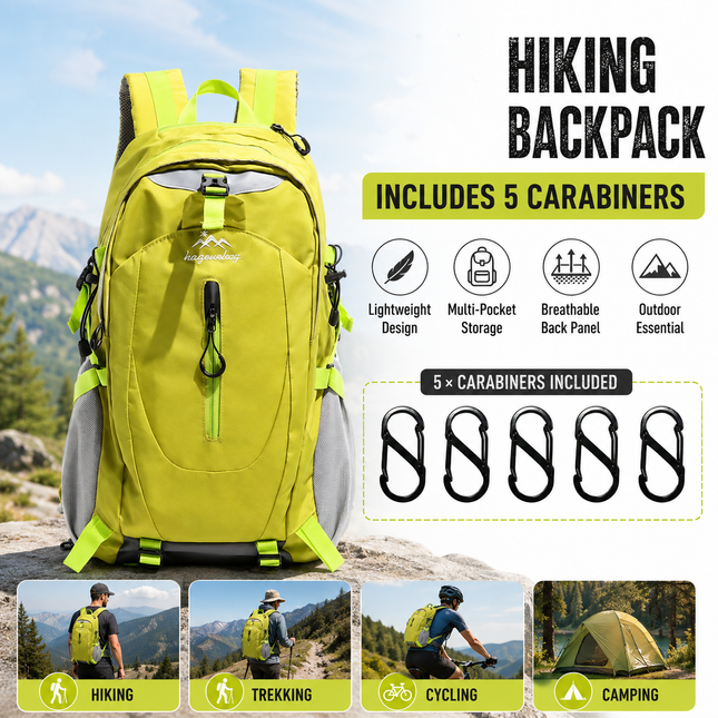 Fluorescent Green Hiking Backpack with 5 Carabiners Included Lightweight Waterproof Outdoor Daypack