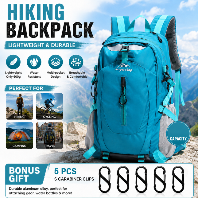 Lake Blue Hiking Backpack with 5 Carabiners Included Lightweight Waterproof Outdoor Daypack for Men