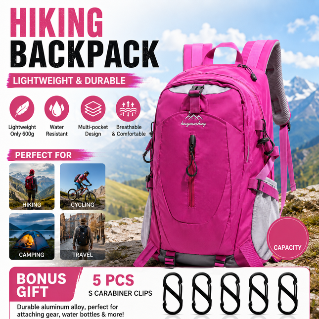 Rose Red Hiking Backpack with 5 Carabiners Included Lightweight Waterproof Outdoor Daypack for Men