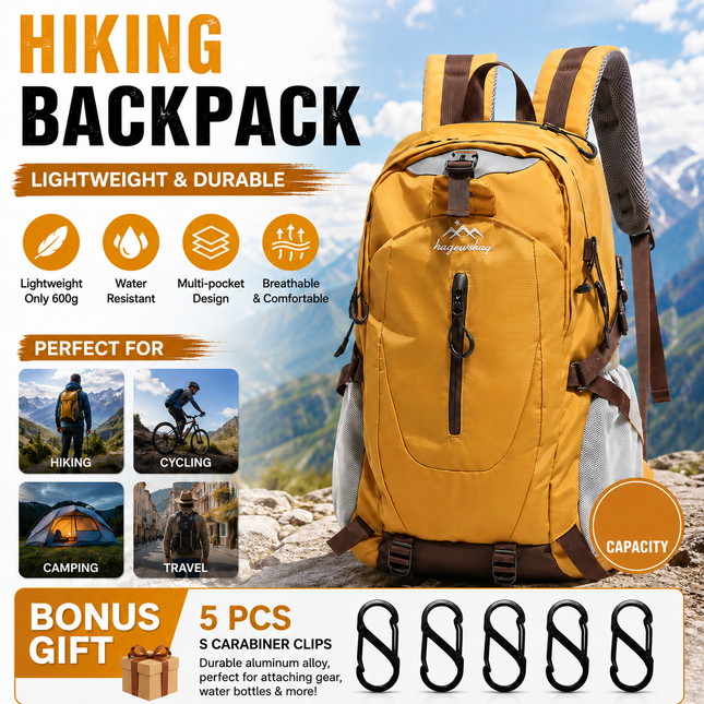 Yellow Hiking Backpack with 5 Carabiners Included Lightweight Waterproof Outdoor Daypack for Men