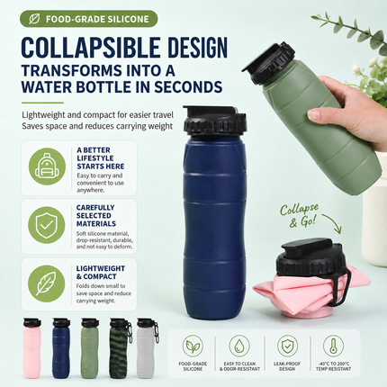 Dark blue Collapsible Silicone Water Bottle - 650ml Foldable Travel Bottle with Straw Lid, Food Grade Silicone Hiking Flask, Leak Resistant Portable Water Bottle for Outdoor Sports Fitness Cycling