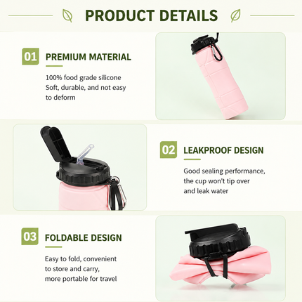 Pink Collapsible Silicone Water Bottle - 650ml Foldable Travel Bottle with Straw Lid, Food Grade Silicone Hiking Flask, Leak Resistant Portable Water Bottle for Outdoor Sports Fitness Cycling