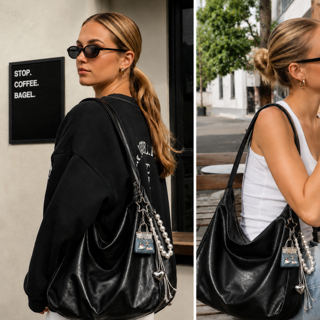 Black PU Leather Shoulder Bag with Cute Charm – product detail