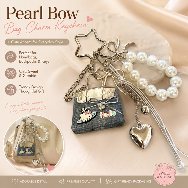Blue Mini PU Leather Bag Charm Keychain with Pearl Bow Pendant Cute Handbag Accessories for