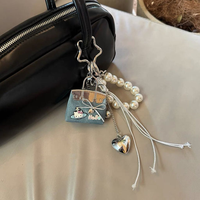 Blue Mini PU Leather Bag Charm Keychain with Pearl Bow Pendant Cute Handbag Accessories for – product detail