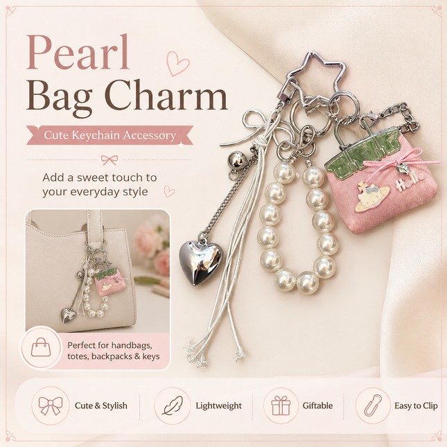 Pink Mini PU Leather Bag Charm Keychain with Pearl Bow Pendant Cute Handbag Accessories for