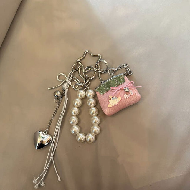 Pink Mini PU Leather Bag Charm Keychain with Pearl Bow Pendant Cute Handbag Accessories for – product detail