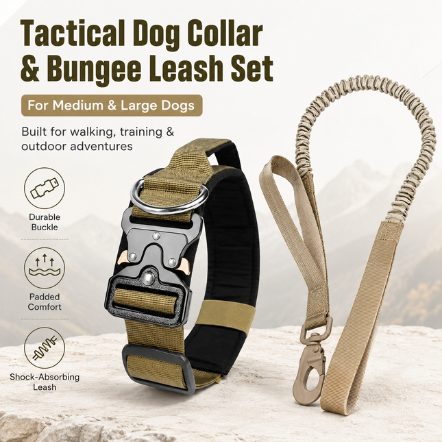Khaki Tactical Dog Collar and Bungee Lead Set (XL V888-ELOSUNG54696