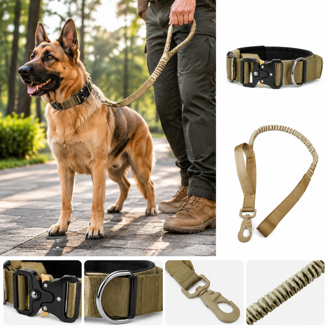 Khaki Tactical Dog Collar and Bungee Lead Set (XL – product detail