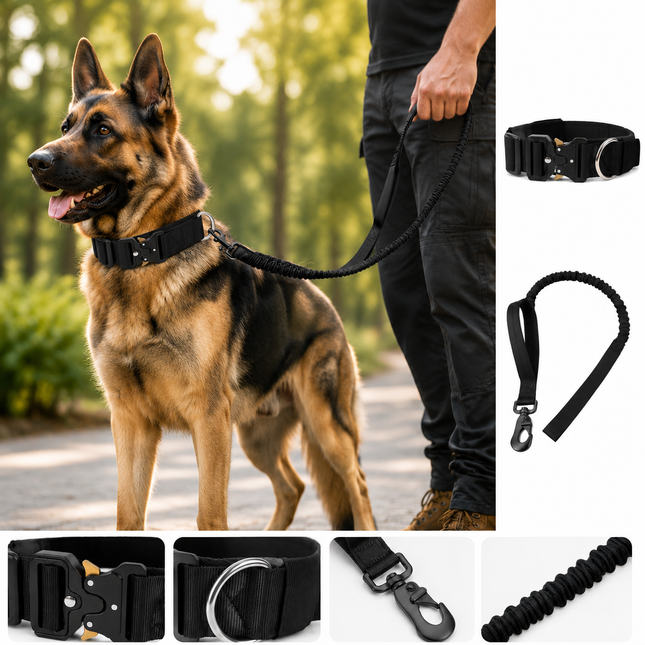 Black Tactical Dog Collar and Bungee Lead Set (L – product detail