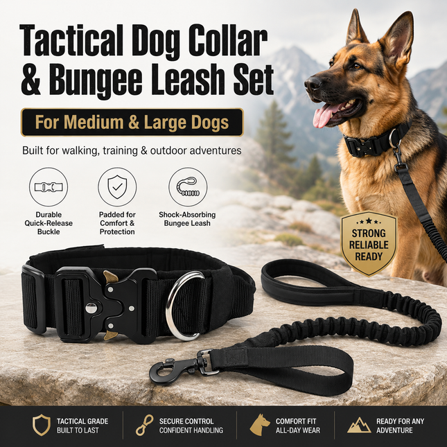 Black Tactical Dog Collar and Bungee Lead Set (XL V888-ELOSUNG54699