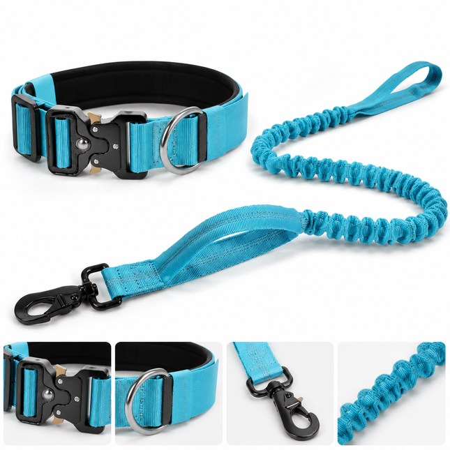 Blue Tactical Dog Collar and Bungee Lead Set (M – product detail