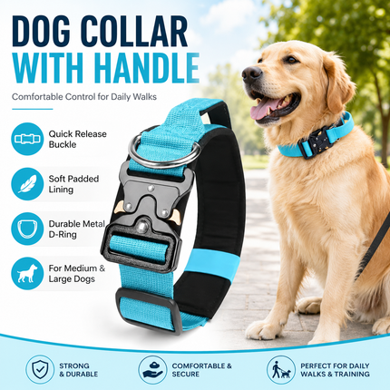 Blue Tactical Dog Collar for Large Dogs (M size)- Wide Padded Nylon Collar with Quick V888-ELOSUNG54703
