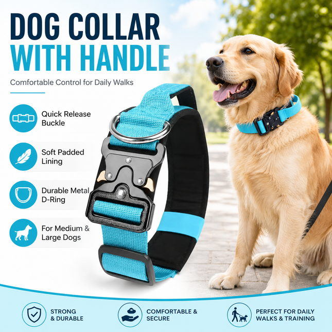 Blue Tactical Dog Collar for Large Dogs (L size)- Wide Padded Nylon Collar with Quick V888-ELOSUNG54704