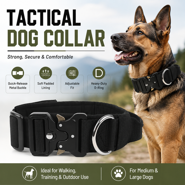 Black Tactical Dog Collar for Large Dogs (L size)- Wide Padded Nylon Collar with Quick V888-ELOSUNG54707