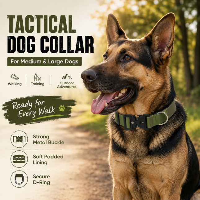 Green Tactical Dog Collar for Large Dogs (M size)- Wide Padded Nylon Collar with Quick V888-ELOSUNG54709