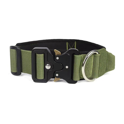 Green Tactical Dog Collar for Large Dogs (L size)- Wide Padded Nylon Collar with Quick Release Metal Buckle, Control Handle and D-Ring for Walking and Training
