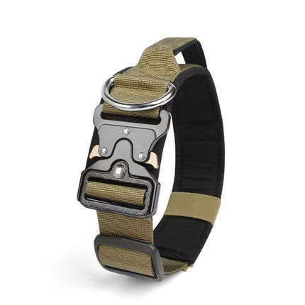 Khaki Tactical Dog Collar for Large Dogs (XL size)- Wide Padded Nylon Collar with Quick – hardware detail